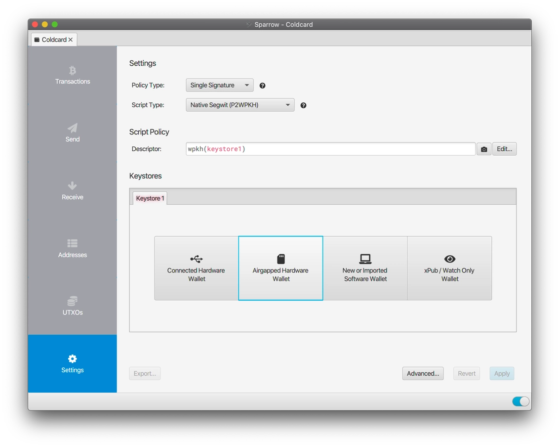 impostazioni coldcard airgapped